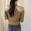 Cold Shoulder Ribbed Knit Top with Halter Neck