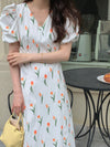 Tulip Print Short Sleeve Double V-Neck Midi Dress