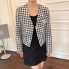 V-Neck Collarless Houndstooth Jacket with Pearly Buttons