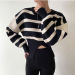 Round Neck Drop Shoulder Stripe Sweater with Gathered Waist and Slit