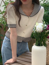 Short Sleeve Ivory Sweater Tee with Striped Trims and Sailor Collar