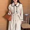 French Style Contrast Trim Double Face Wool Blend Belted Coat