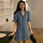 Short Sleeve V-Neck Blue Patterned Tweed A-Line Mini Dress