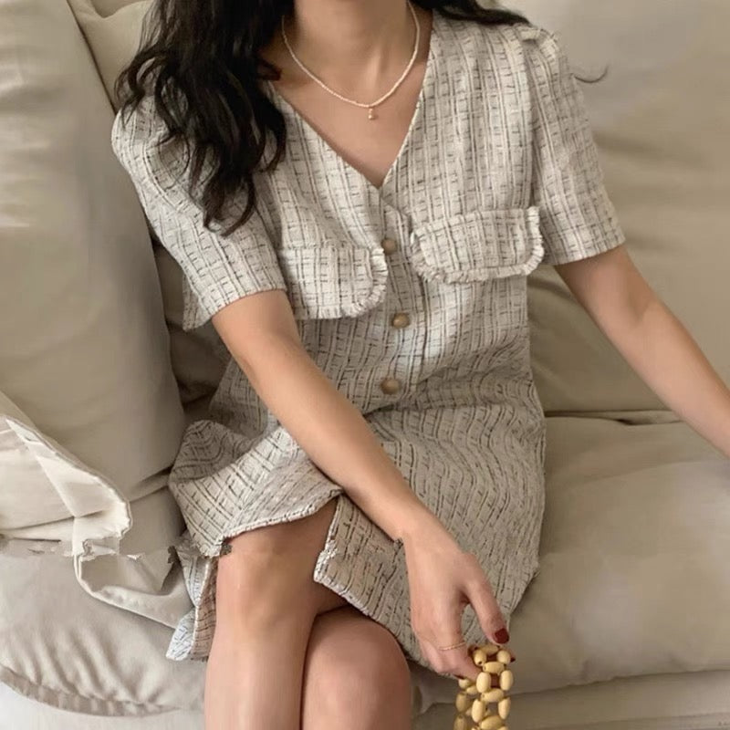 V-Neck Button-Up Tweed Mini Dress in Plaids