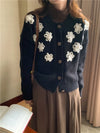 Retro Style Black Cardigan with 3D White Flowers