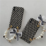 Black & White Tweed Phone Case with Faux Pearl Hand Strap