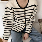 Round Neck Black & White Stripe Knitted Cardigan with Gold Buttons