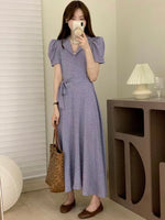 Short Sleeve Lavender Polka Dot Midi Dress with Notched Lapels