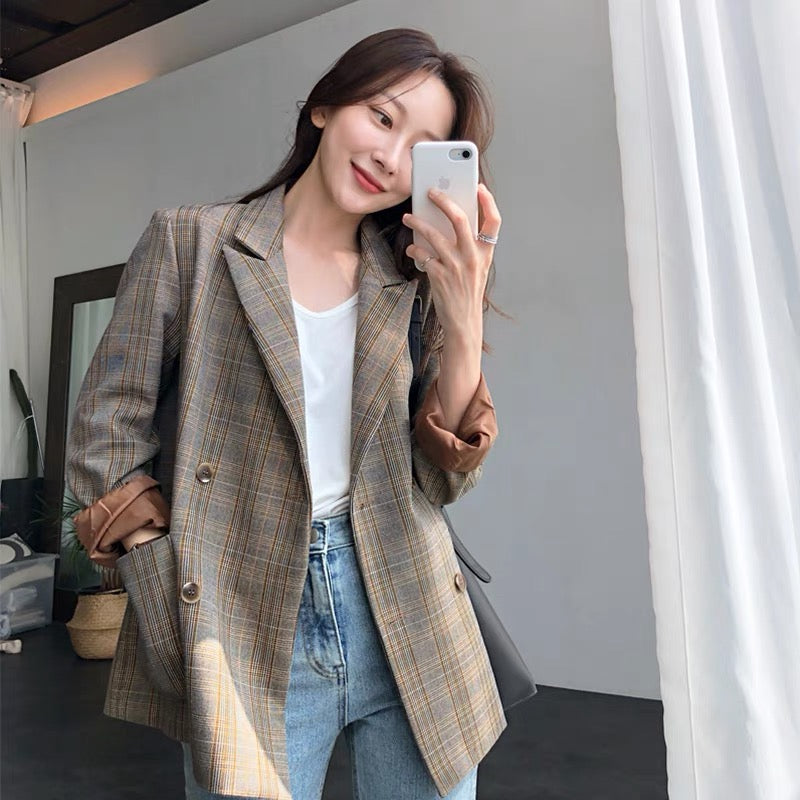 Korean Style Casual A-Line Blazer in Brown Plaids