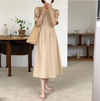 Korean Style Puff Sleeve Pleated Midi Dress