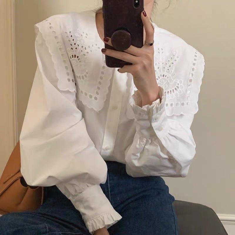 White Cotton Shirt with Oversized Eyelet Collar