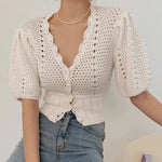 Scalloped V-Neck Pointelle Short Sleeve Cropped Top