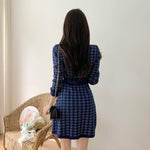 Classic Dark Blue Houndstooth Buttoned Knit Dress