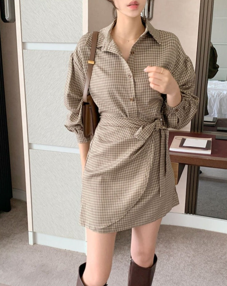 Mini Shirt Dress in Khaki Plaid