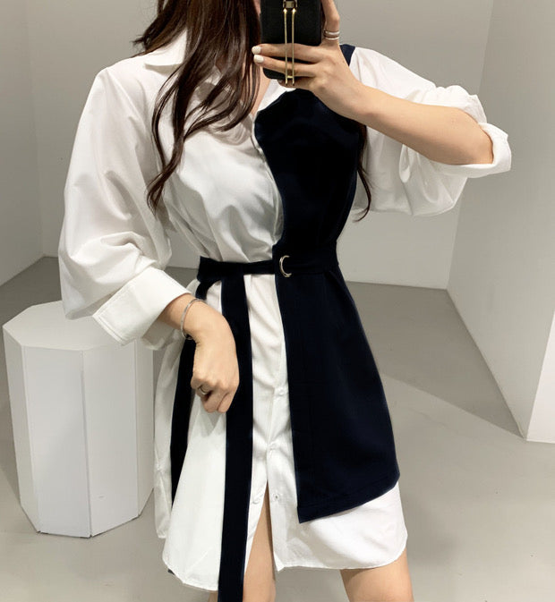 Color Block Metal Ring Belted Shirt Dress