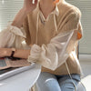 Chiffon Long Sleeve Ruffle Tie Neck Blouse with Knit Vest