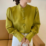 Oriental Style Long Sleeve Mock Neck Blouse with Frog Buttons