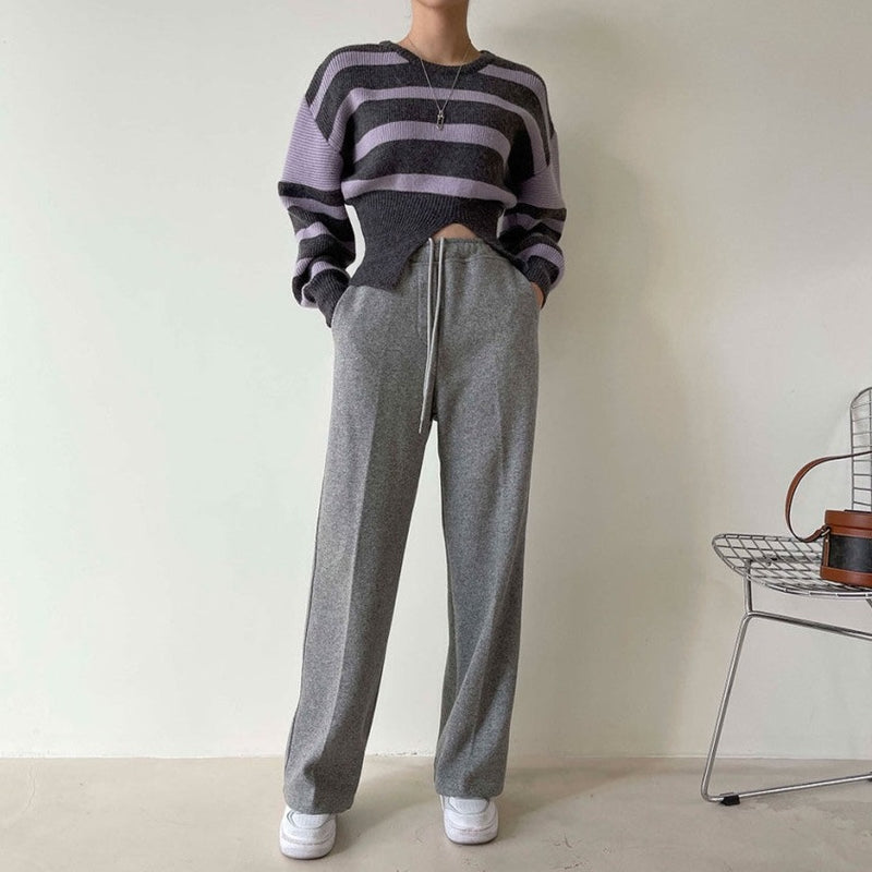 Round Neck Drop Shoulder Stripe Sweater with Gathered Waist and Slit