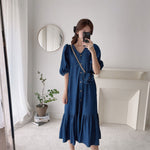 Relaxed V-Neck Button Down Denim Color Cotton Dress