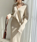 Cable Knit V-Neck Cardigan with Pencil Skirt Set