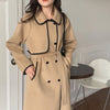 French Style Contrast Trim Double Face Wool Blend Belted Coat