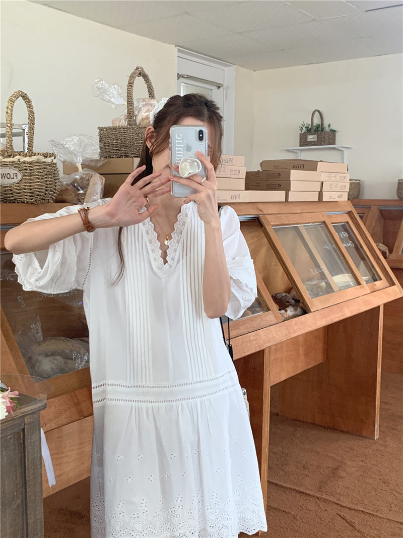 White Cotton Dress with Scalloped Lace Trims