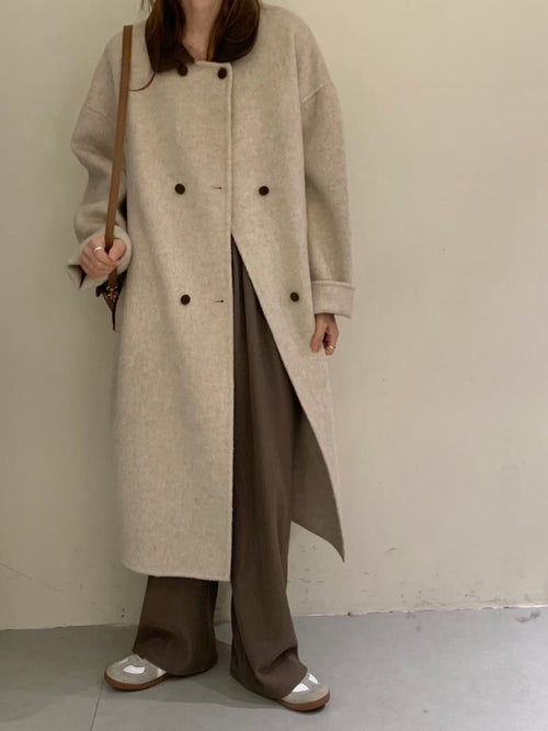 Contrast Collar 100% Double-Faced Wool Long Coat 🐏