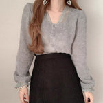 Long Sleeve Soft Knit Top with Lace Neckline