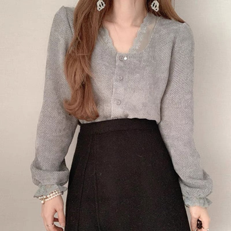 Long Sleeve Soft Knit Top with Lace Neckline