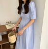 Korean Style Puff Sleeve Pleated Midi Dress