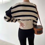 Round Neck Drop Shoulder Stripe Sweater with Gathered Waist and Slit