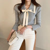 Knit Top with Double Layered Pointed Collar and Tie