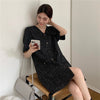 Short Sleeve Plaid Tweed Shift Dress with Oversized Collar