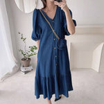 Relaxed V-Neck Button Down Denim Color Cotton Dress