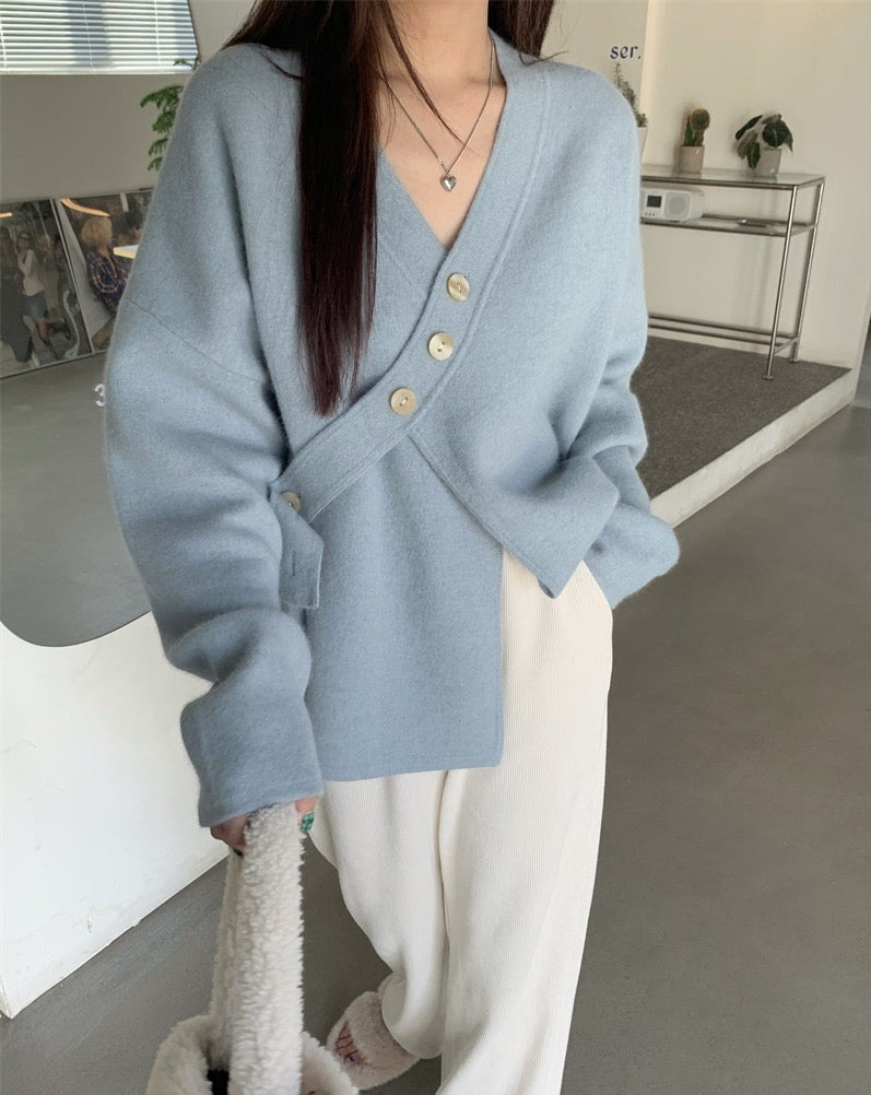 Soft Knit Designer V-Neck Side Button Sweater