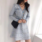 Blue Houndstooth Long Sleeve V-Neck Elegant Dress