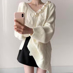 Oversized V-Neck Cable Knit Sweater with Pearly Decorations