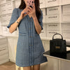 Short Sleeve V-Neck Blue Patterned Tweed A-Line Mini Dress