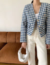 V-Neck Collarless Houndstooth Jacket with Pearly Buttons