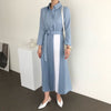 Two Tone Color Block Pleated Long Sleeve Shirt Dress