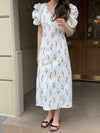 Tulip Print Short Sleeve Double V-Neck Midi Dress