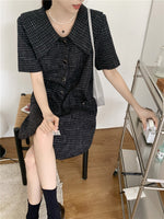 Short Sleeve Plaid Tweed Shift Dress with Oversized Collar