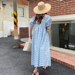 Sun Flower Stripe Round Neck Short Sleeve Checked Midi Dress