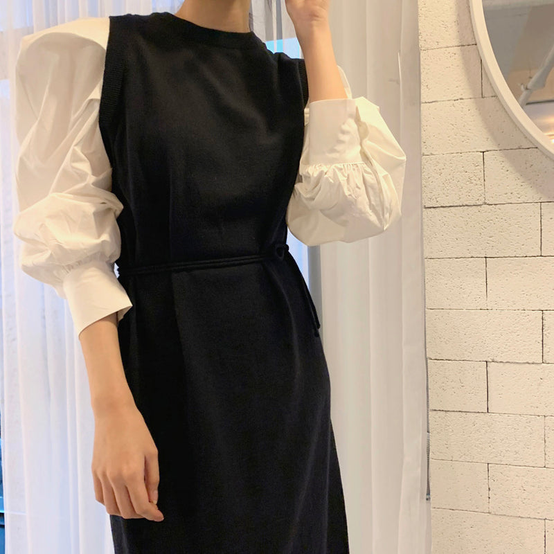 Round Neck Color Contrast Belted Knit Dress with Balloon Shirt Sleeves