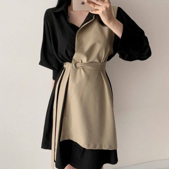 Color Block Metal Ring Belted Shirt Dress