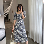 Vacation Vibe Leaf Print Square Neck Dress