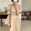 Korean Style Puff Sleeve Pleated Midi Dress