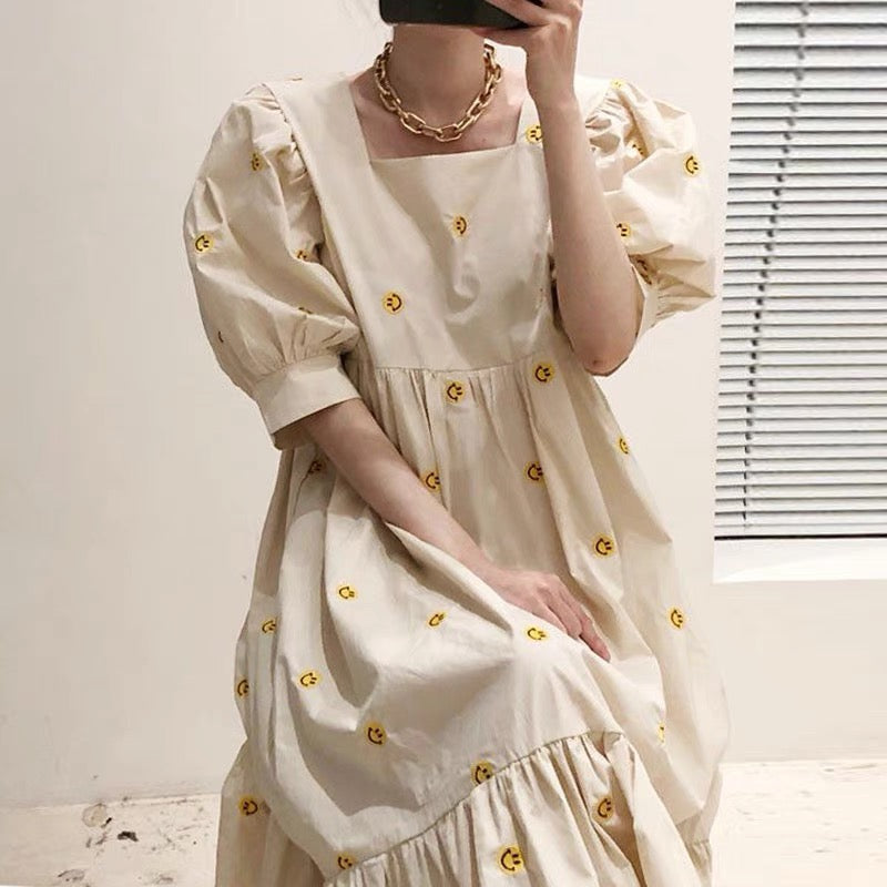 Relaxed Midi Dress with Embroidered Smiley Face