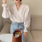 Smocked V-Neck Botton-Up Blouse