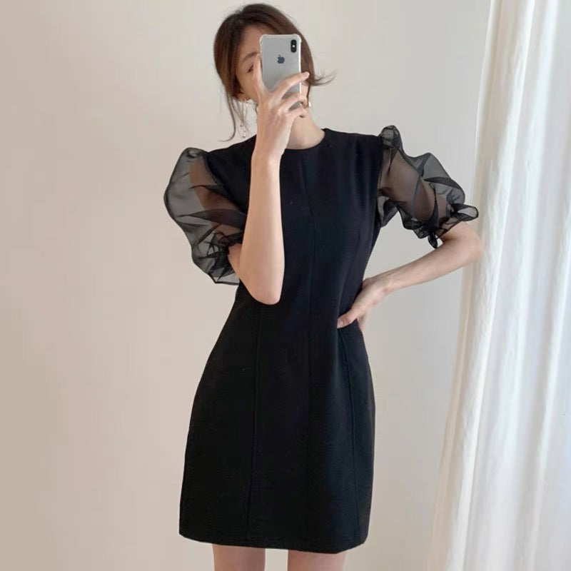 Fitted Little Black Mini Dress with Organza Sleeve